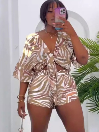 Summer women's printed bat sleeve loose two-piece shorts set