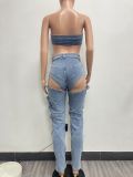 Summer women's stretch denim bra pants set
