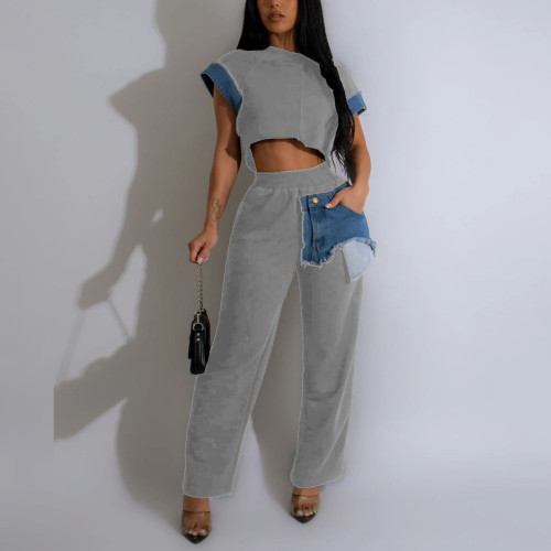 Summer women's patchwork short-sleeved crop top matching trousers set