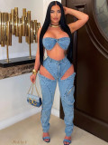 Summer women's stretch denim bra pants set