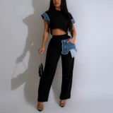 Summer women's patchwork short-sleeved crop top matching trousers set
