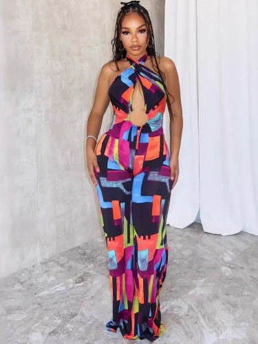 Summer women's sexy print cross halter neck backless stretch slim jumpsuit