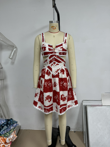 Summer women's holiday style sling positioning printing dress