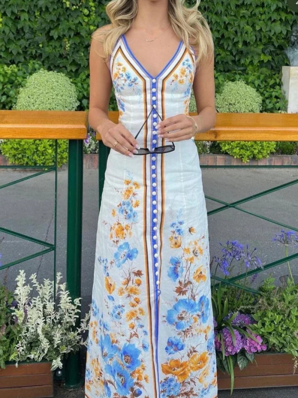 Summer women's holiday style V-neck suspender print backless button long dress