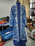 Summer women's printed loose stand collar lantern sleeve long dress