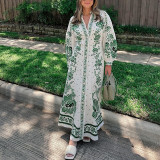 Summer women's printed loose stand collar lantern sleeve long dress
