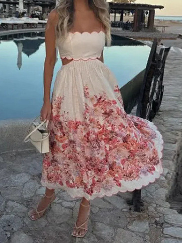 Summer women's holiday style print lace-up sexy high waist long dress