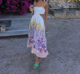 Summer women's holiday style print lace-up sexy high waist long dress
