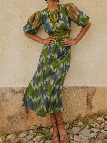 Summer women's elegant and fashionable high waist long printed dress