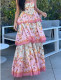 Summer women's resort style printed layered halter maxi dress