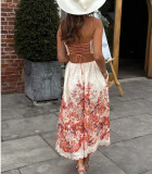 Summer women's holiday style print lace-up sexy high waist long dress
