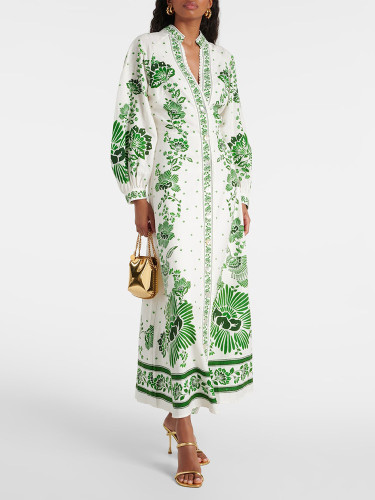 Summer women's printed loose stand collar lantern sleeve long dress