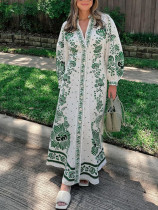 Summer women's printed loose stand collar lantern sleeve long dress