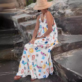 Summer women's holiday style straps print loose maxi dress