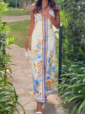 Summer women's holiday style V-neck suspender print backless button long dress
