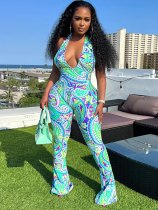 Summer sexy deep V tight backless halter neck printed jumpsuit