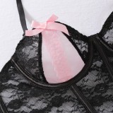 Body shaping bra set contrast color lace see-through sexy three-piece lingerie set