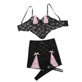 Body shaping bra set contrast color lace see-through sexy three-piece lingerie set