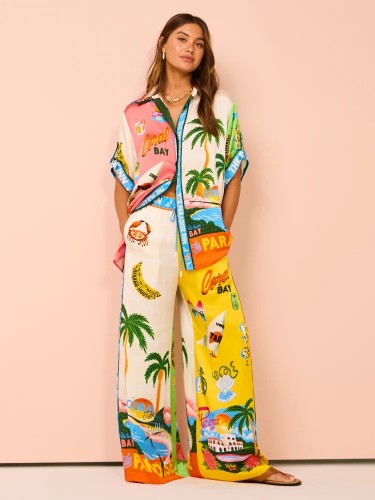 Summer women's holiday printed short-sleeved matching top and pants leisure set