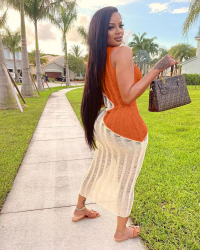 Summer Sexy Sleeveless Knitted Colorblock Dress