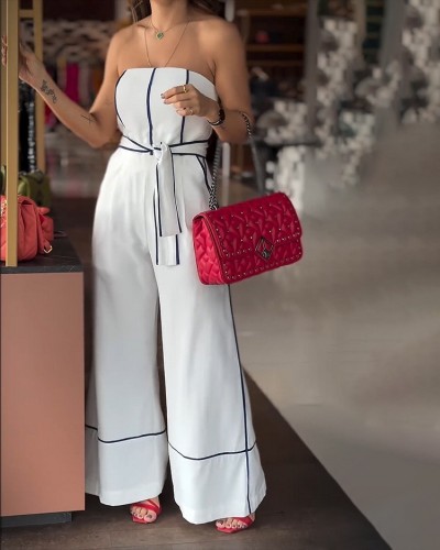 Women's summer elegant top loose trousers line print suit