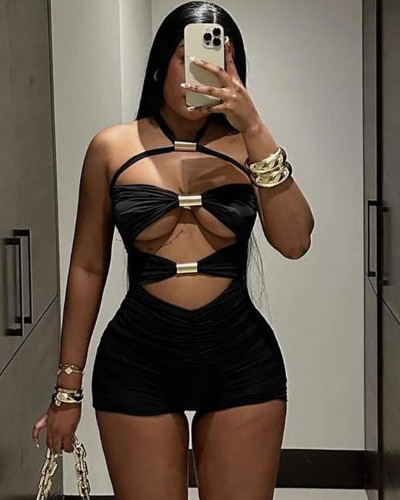 Summer sexy solid color hollow out halter neck pleated rompers jumpsuit