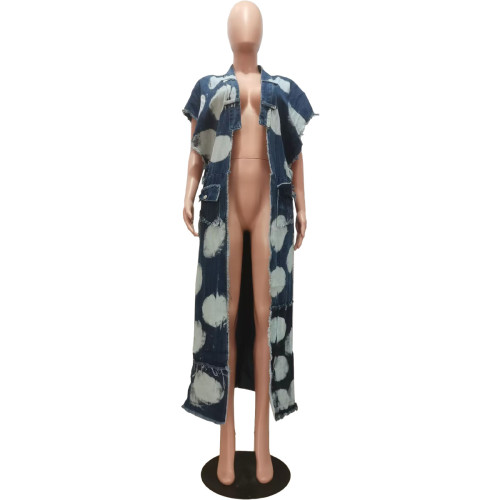 Autumn and winter fashion patchwork multi-pocket sleeveless long denim jacket