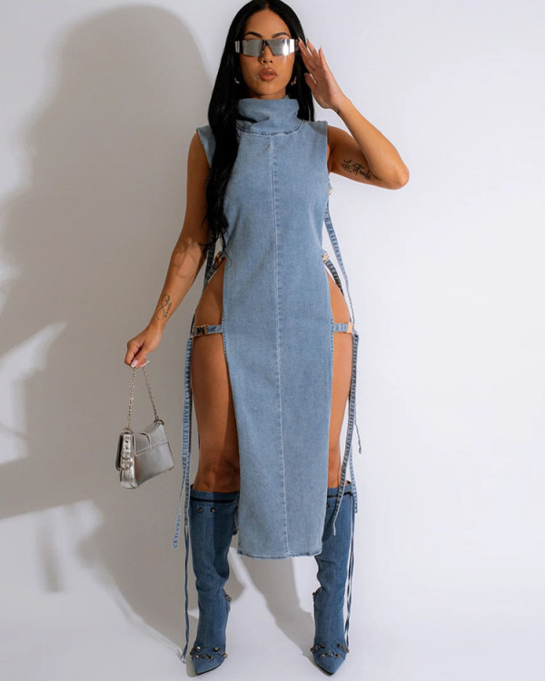 Sexy hollow out washed high collar denim dress