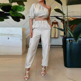 Summer women's suits casual solid color one shoulder solid color two piece pant suit