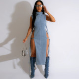 Sexy hollow out washed high collar denim dress