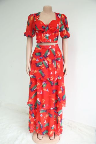 Fashion printed chiffon two-piece maxi skrit set