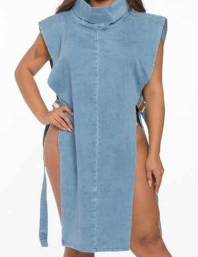 Sexy hollow out washed high collar denim dress