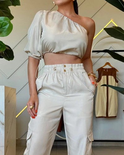 Summer women's suits casual solid color one shoulder solid color two piece pant suit