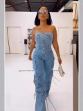 Strapless Multi-Pocket Cargo Jeans Jumpsuit