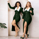 Double-breasted slit long sleeves midi dress
