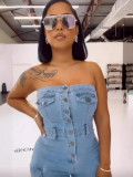 Strapless Multi-Pocket Cargo Jeans Jumpsuit