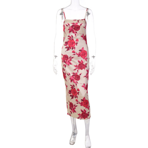 Rose print women's floral straps long dress