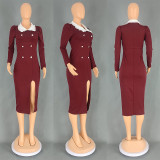 Double-breasted slit long sleeves midi dress