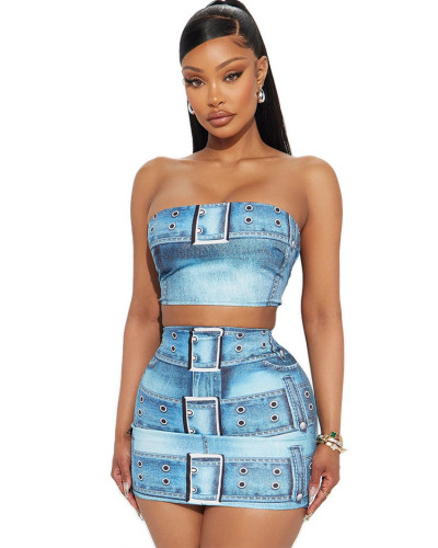 Digital Print Sexy Slim Fit Two-Piece Skirt Set