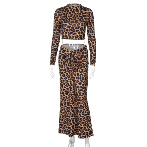 Leopard Print Elastic Shirred  Long Sleeve Elegant Stretch Skirt Suit