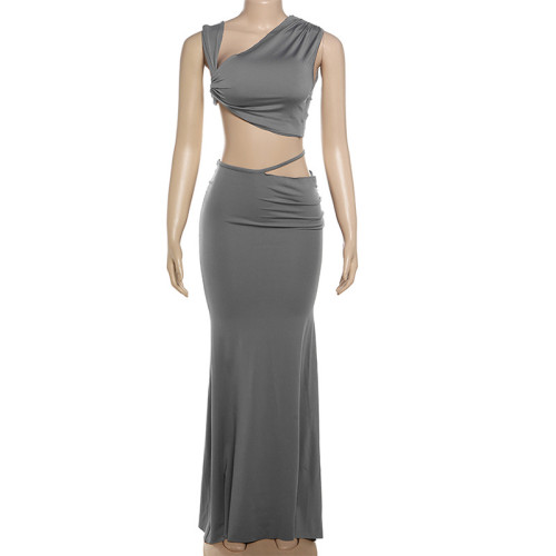 Comfortable solid color slash shoulder vest slim long skirt suit