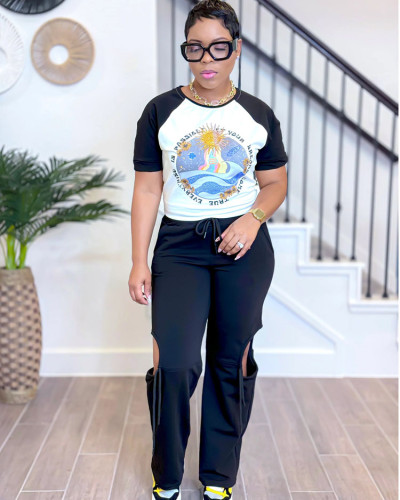 Fashion women's printed contrast color short-sleeved shirt trousers set