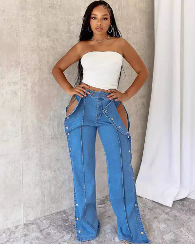 Women's high waist jeans side button closure casual trousers
