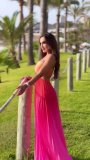 Summer gradient color halter neck pleated ladies beach holiday long dress