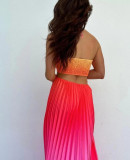 Summer gradient color halter neck pleated ladies beach holiday long dress