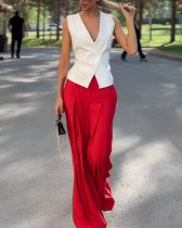 Fashion deep V sleeveless top high waist wide leg pants two piece set