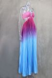 Summer gradient color halter neck pleated ladies beach holiday long dress