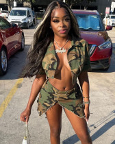 Camouflage irregular sexy short skirt two piece set