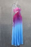 Summer gradient color halter neck pleated ladies beach holiday long dress