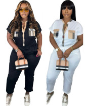 Fashion casual short-sleeved lapel plaid jumpsuit
